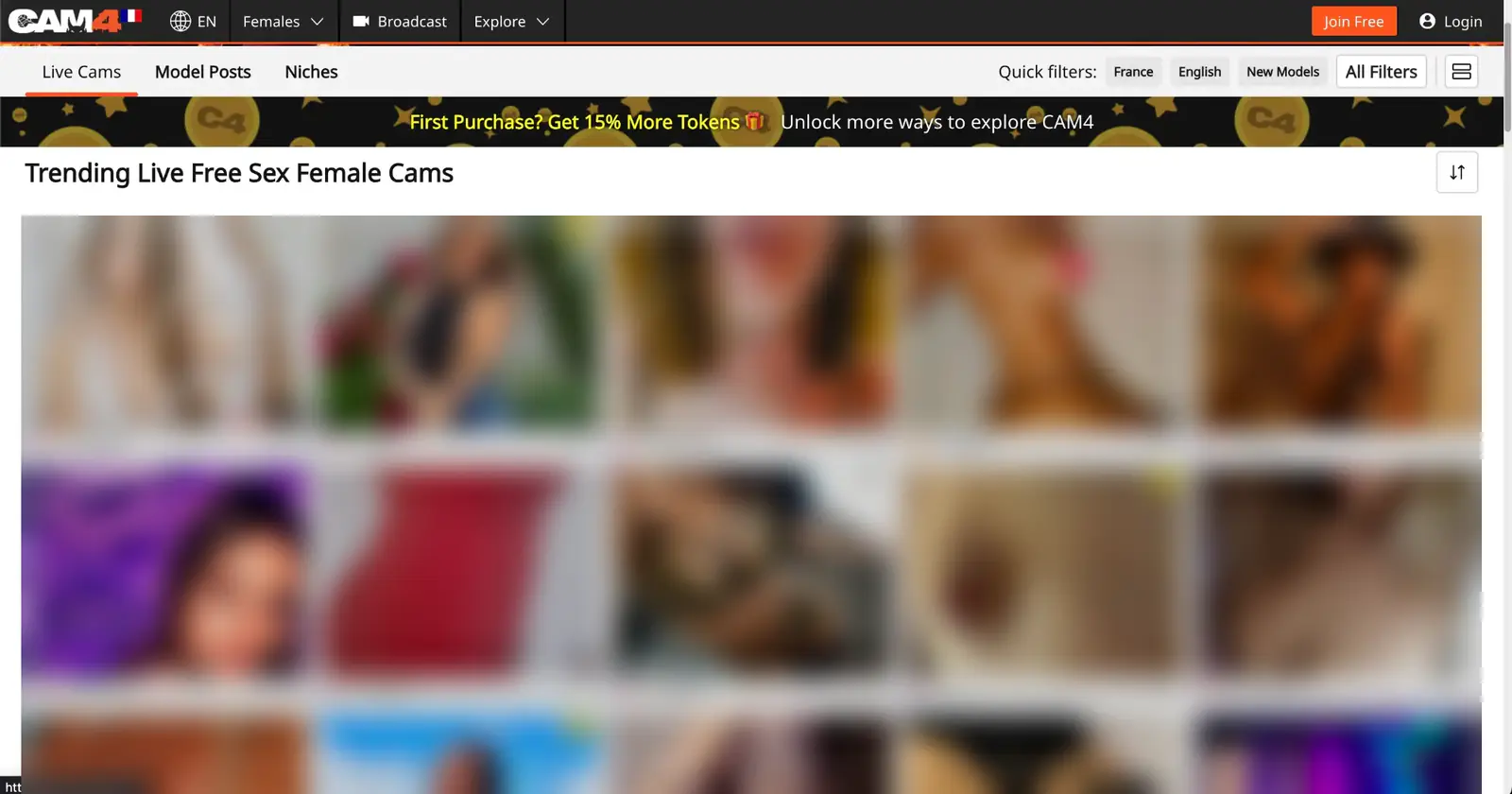 CAM4 homepage interface with navigation, filters and the performer grid (thumbnails blurred)