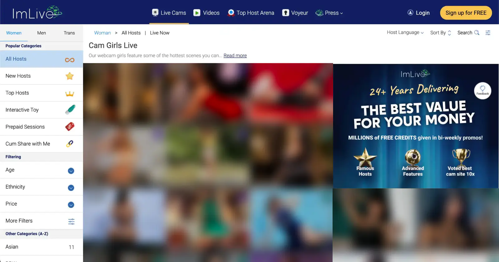 ImLive homepage interface with navigation, filters and the performer grid (thumbnails blurred)
