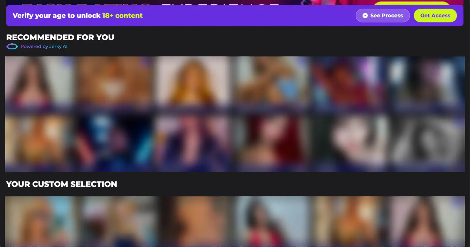 Jerkmate homepage interface with navigation, filters and the performer grid (thumbnails blurred)