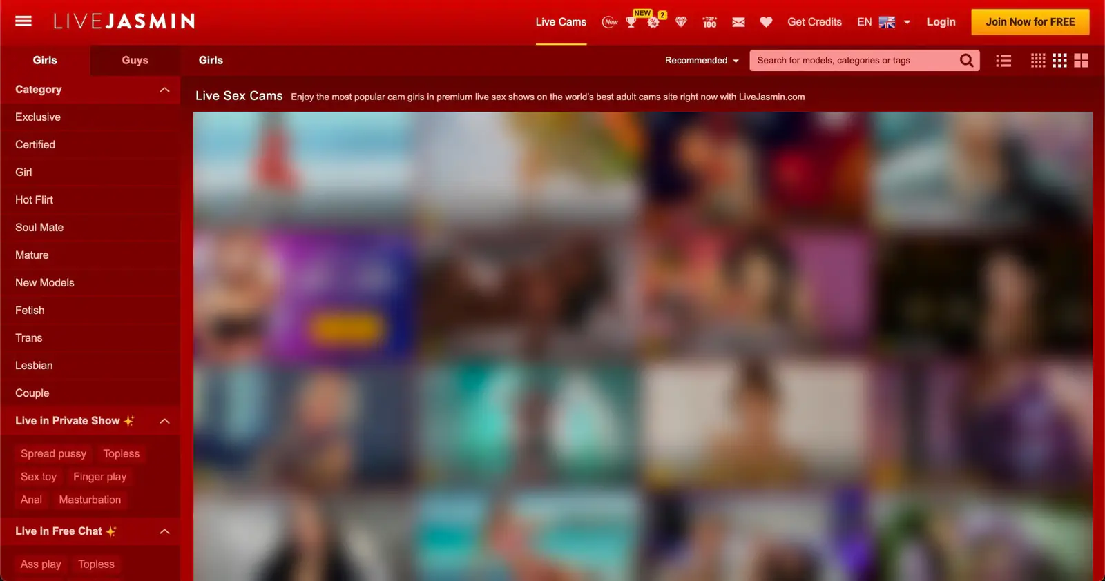 LiveJasmin homepage interface with navigation, filters and the performer grid (thumbnails blurred)