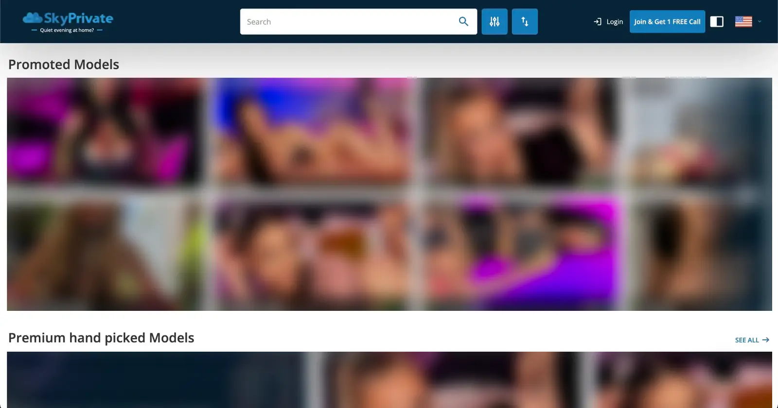 SkyPrivate homepage interface with navigation, filters and the performer grid (thumbnails blurred)