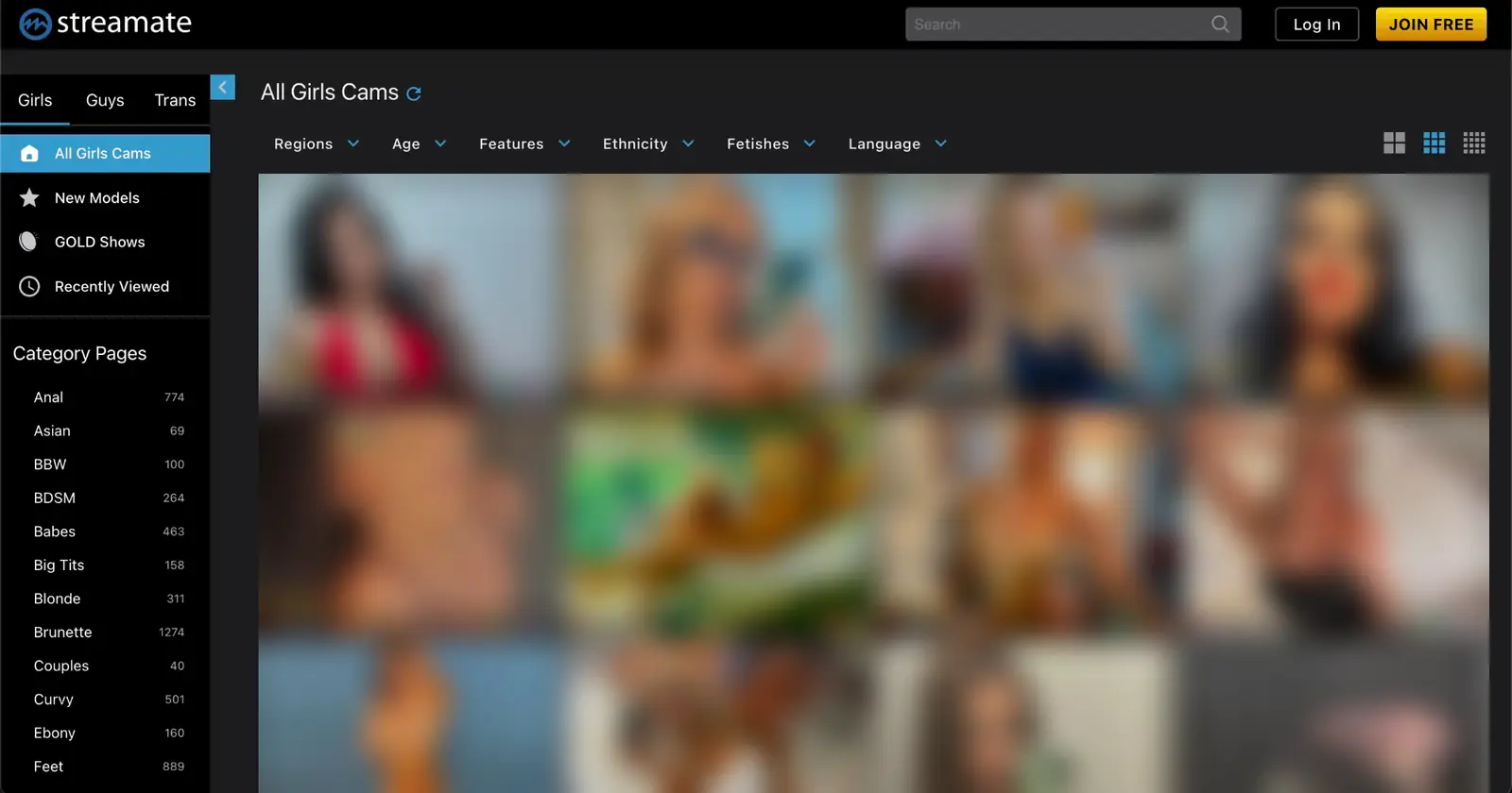 Streamate homepage interface with navigation, filters and the performer grid (thumbnails blurred)