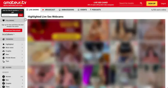 Amateur.tv homepage preview (performer thumbnails blurred)