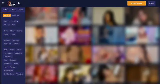 Cams.com homepage preview (performer thumbnails blurred)