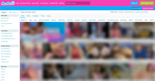 CamSoda homepage preview (performer thumbnails blurred)