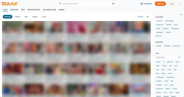 Chaturbate homepage preview (performer thumbnails blurred)