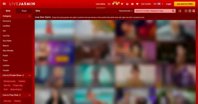 LiveJasmin homepage preview (performer thumbnails blurred)