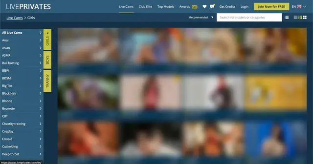 LivePrivates homepage preview (performer thumbnails blurred)