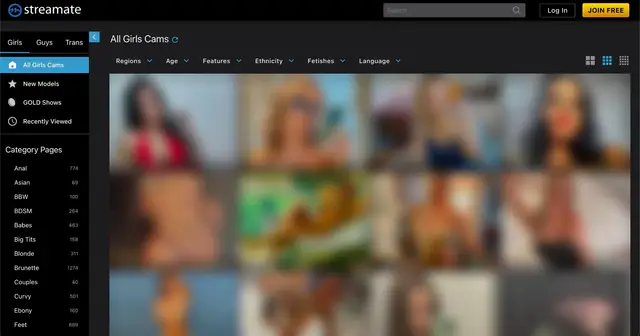 Streamate homepage preview (performer thumbnails blurred)