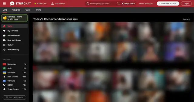 Stripchat homepage preview (performer thumbnails blurred)